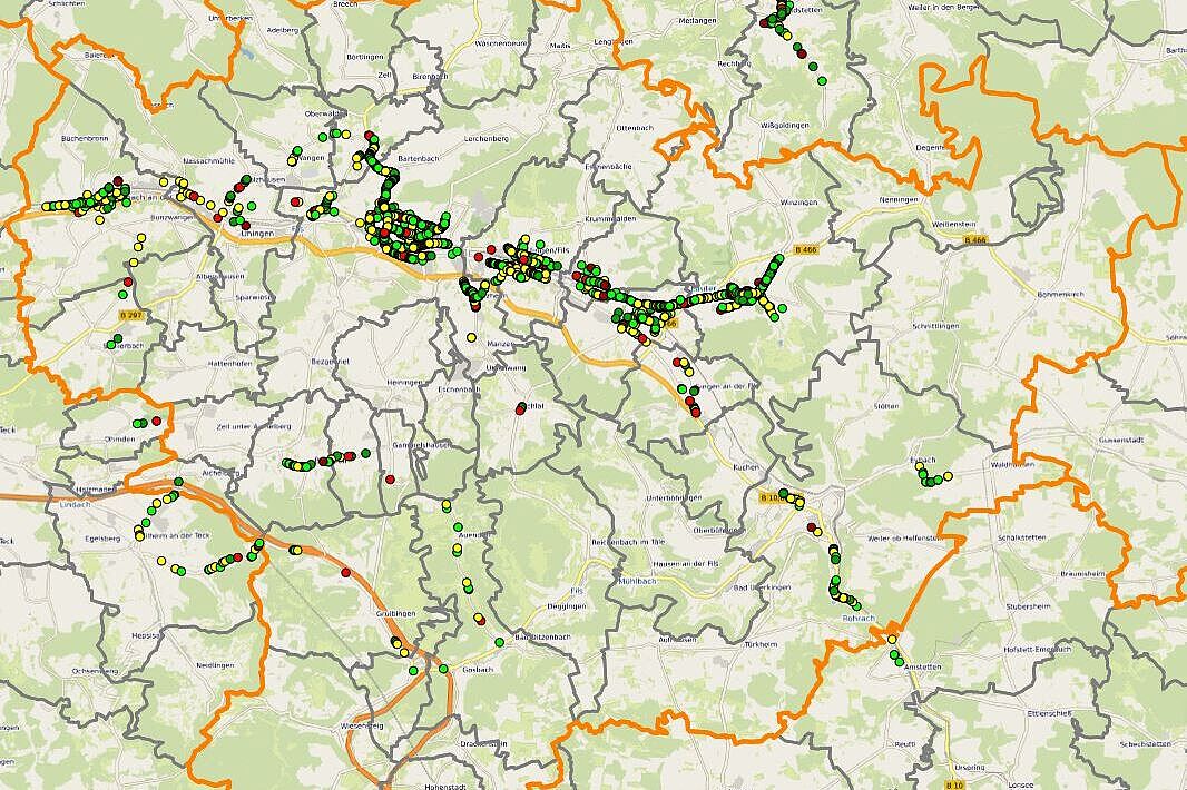 Übersicht der Messpunkte im Landkreis Göppingen 