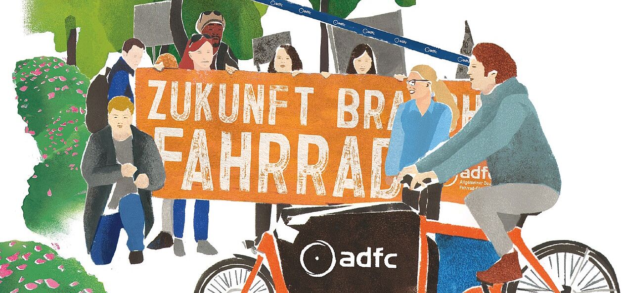 Bundesjugendordnung Menschen fahren Fahrrad und halten ein Schild "Zukunft braucht Fahrrad"